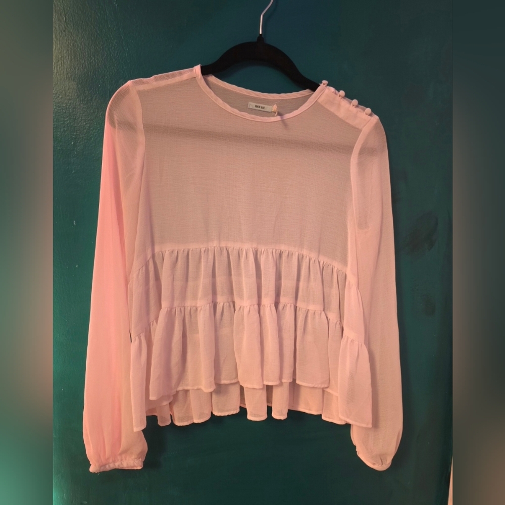 Kimchi Blue Sheer Tiered Blouse – Pale Pink, Size S